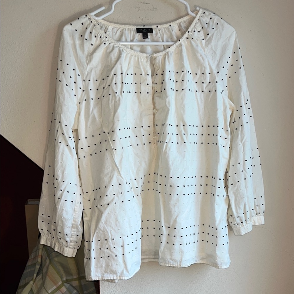 White Swiss Dot Puff‎ Sleeve Lined Cotton Blouse Relaxed Fit Talbot’s X